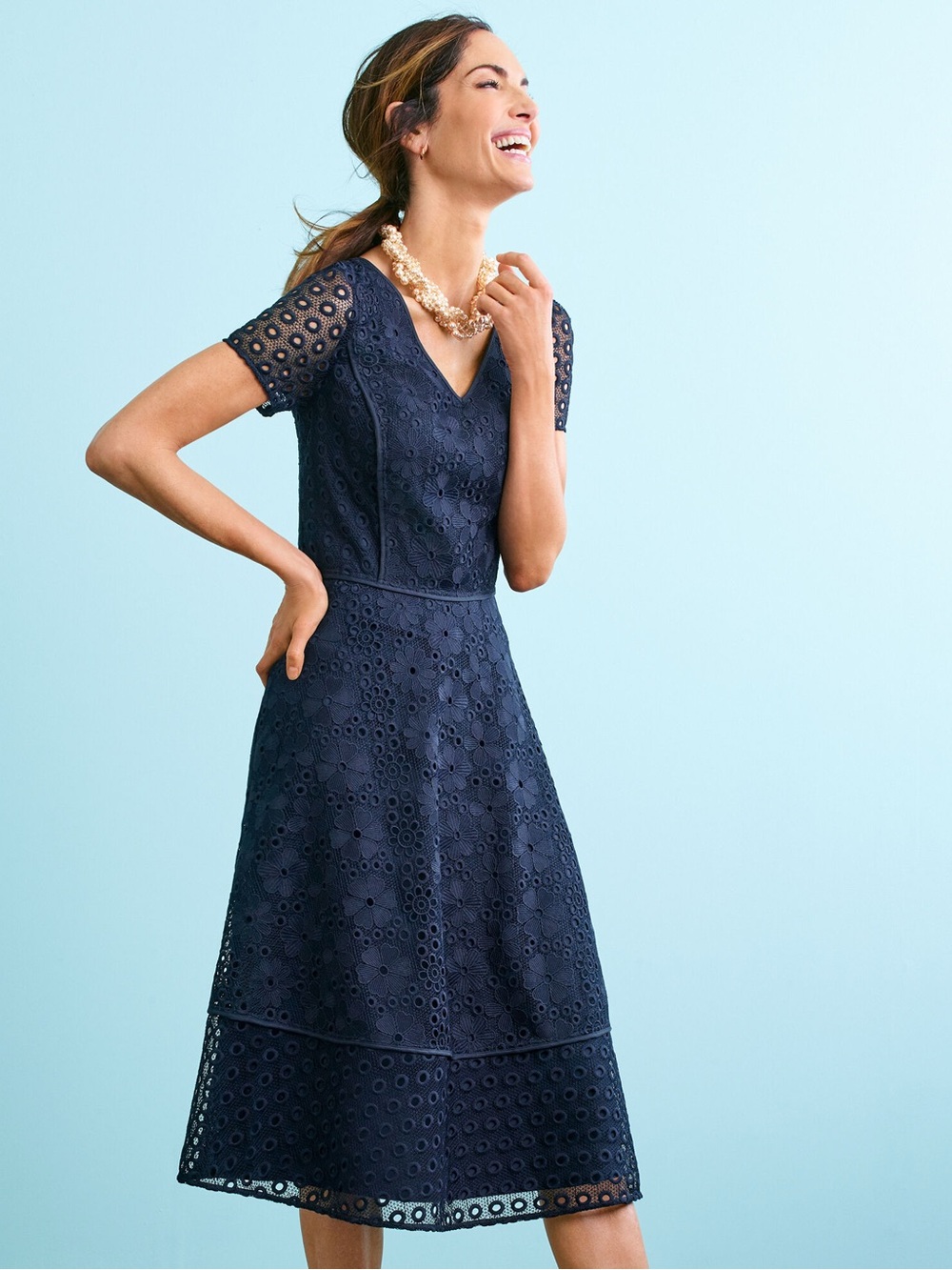 Talbots Petite Floral Lace Eyelet Fit & Flare Dress Navy Blue 8P V Neck